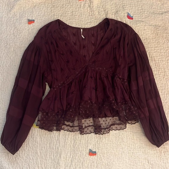 Free People Burgundy Nostalgic Feels Lace Boho Long Sleeve Peasant Top S - Picture 2 of 7